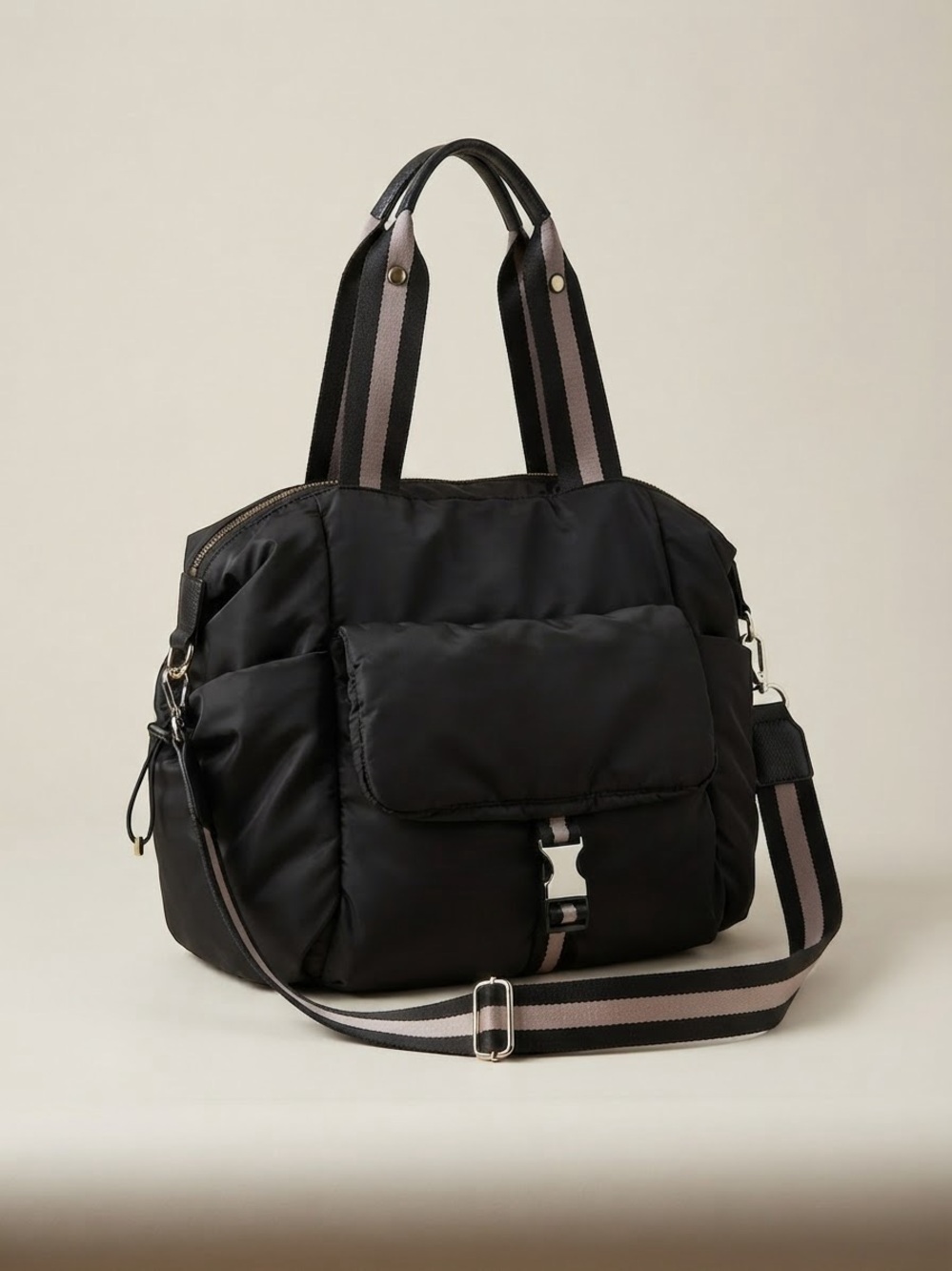 Black Quilted Nylon Tote Bag with Striped Strap
